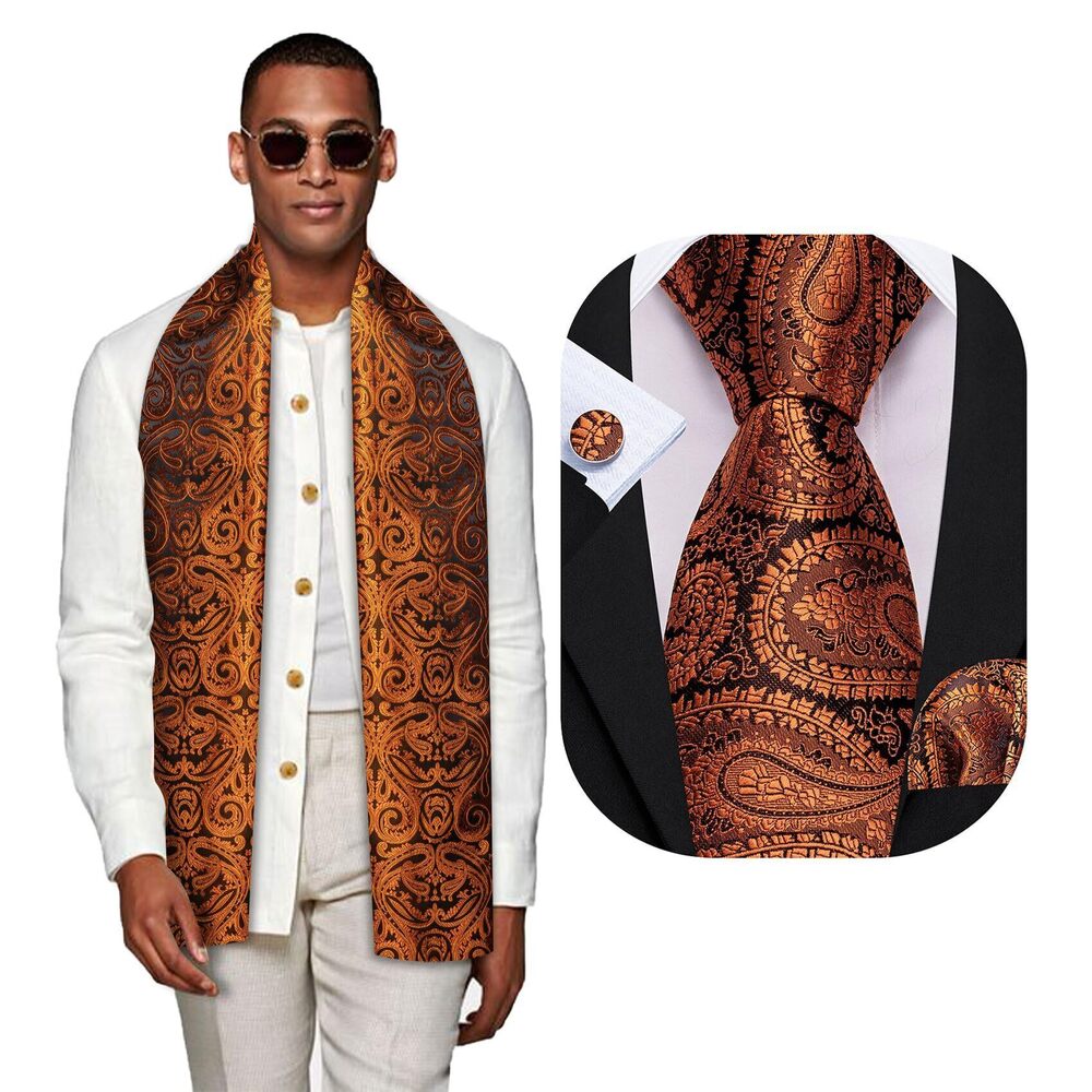 4625 Burnt Orange Black Scarf and Tie Paisley Silk Necktie Pocket Square